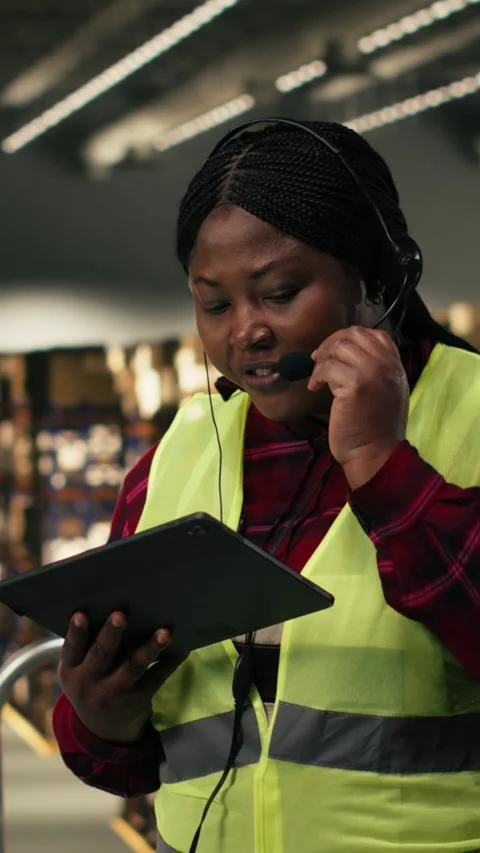 Vertical Video Black worker using headset to provide package tracking status for Stock Footage 330085281