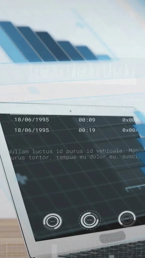 Vertical video: Blue bars appearing laptop rotating into view screen cycling Stock-Footage 328398304
