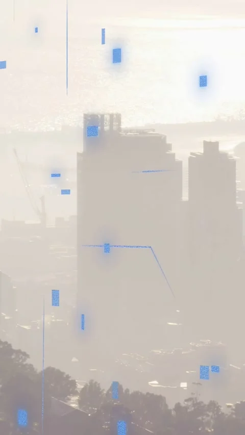 Vertical video: Blue bits entering as sky glowing, forming grids, fading, Stock Footage 333157306