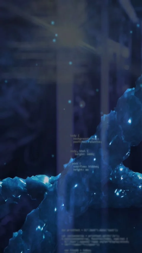 Vertical video: Blue crystal shimmering as code appearing displaying tech data Stock Footage 332615083