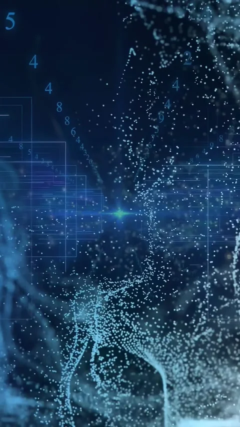 Vertical video: Blue dots drifting and forming clumps center glow emerging Stock Footage 329552903