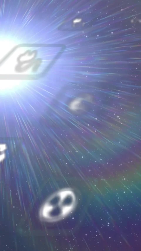 Vertical video: Blue flare emitting clear icon panels drifting across stars, Stock Footage 332335235