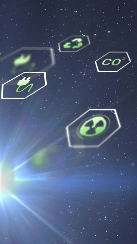 Vertical video: Blue flare starting hex icons drifting and rotating over stars, Stock Footage 329552806