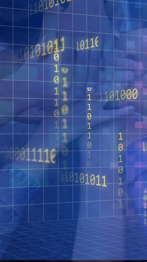 Vertical video: Blue grid activating, stacked hands shifting while bits flowing, Stock Footage 335741109