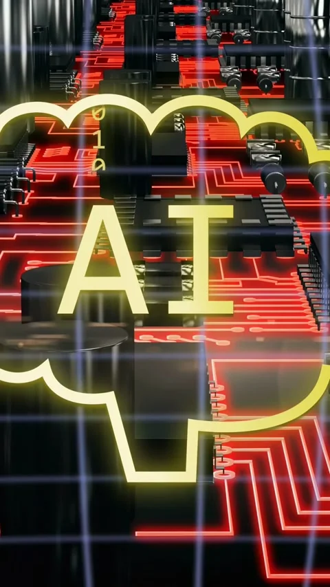 Vertical video: Blue grid scan starting neon cloud AI pulsing, streaming binary, Stock Footage 335355646
