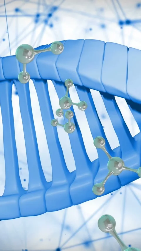 Vertical video: Blue helix rotating, green models entering, drifting, aligning, Stock Footage 335741100