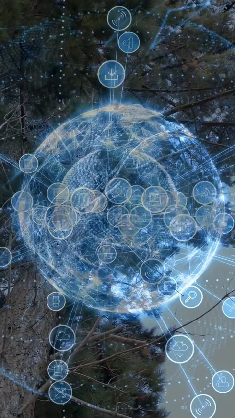 Vertical video: Blue holo globe appearing over trees rotating while icons Stock Footage 333896492