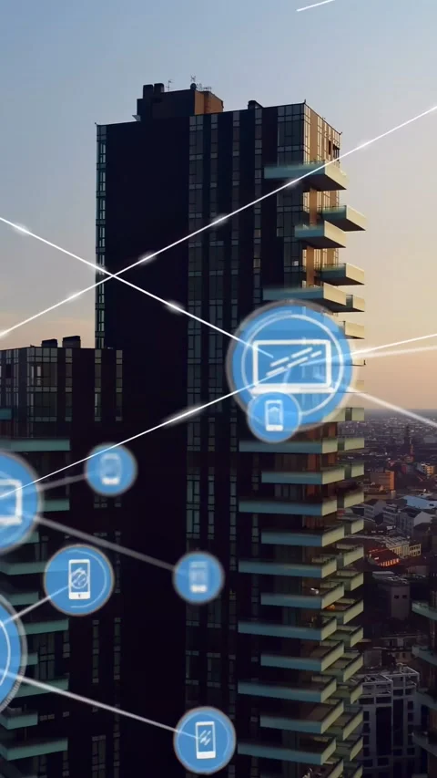 Vertical video: Blue HUD appearing over city, expanding into network nodes as Stock Footage 334601162