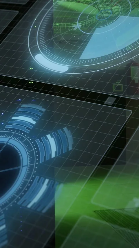 Vertical video: Blue HUD starting, scan ring rotating and radial band cycling Stock-Footage 332904875