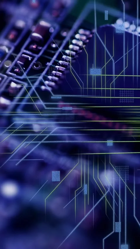 Vertical video: Blue LED pulsing, PCB and chip shifting, neon traces animating Stock Footage 335263909