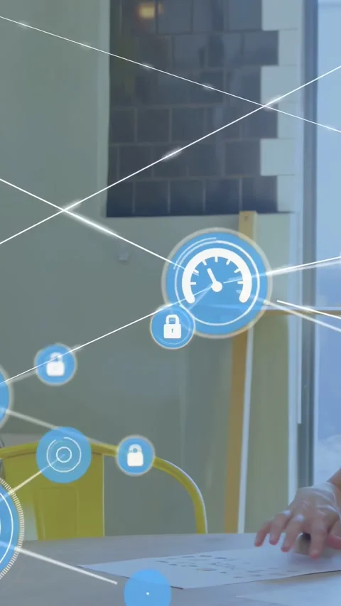 Vertical video: Blue node growing into network around woman working with papers Stock Footage 334319107