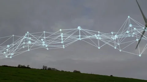 Vertical video: Blue node mesh forming at start, flowing and mapping wind while Stock Footage 332746854