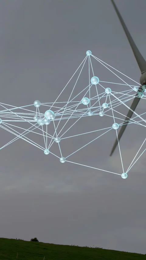 Vertical video: Blue node mesh moving as turbine entering right, rotating blades Stock Footage 332846174