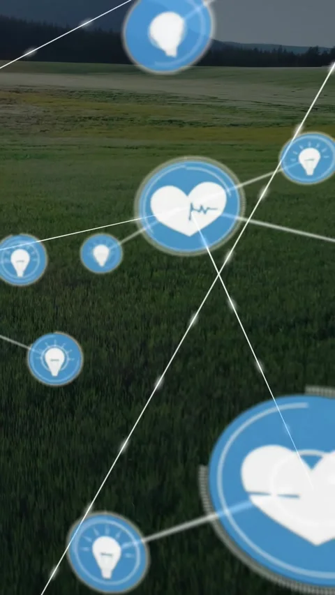 Vertical video: Blue node popping low showing IT links across field white lines Stock Footage 330542710