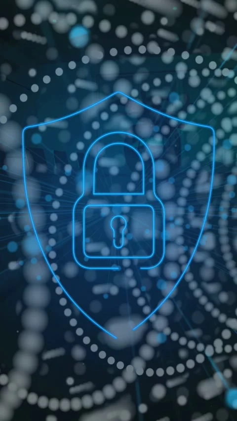 Vertical video: Blue nodes appearing on rings starting lock and shield forming Stock Footage 332985383