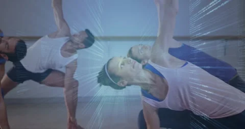 Vertical video: Blue overlay sweeping as front woman holding side angle, guiding Stock Footage 331165353
