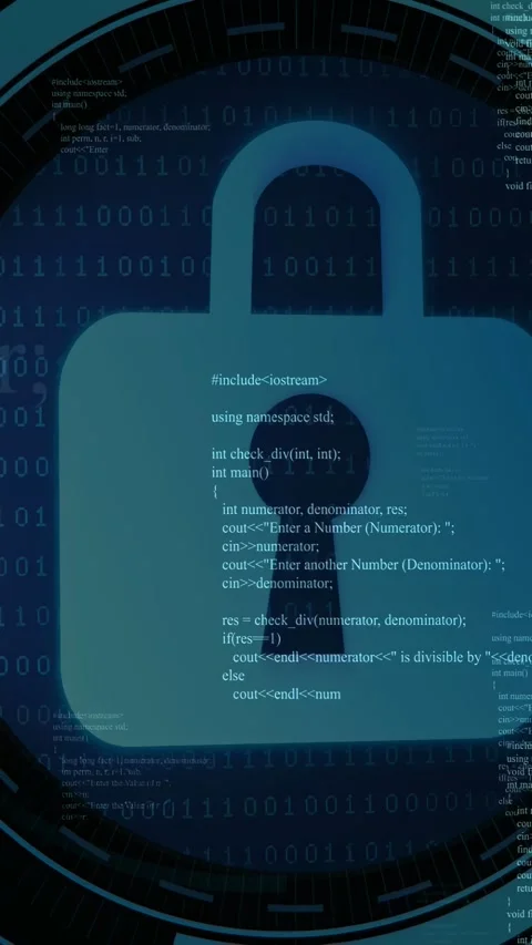 Vertical video: Blue padlock growing with HUD rings sweeping in, over C++ code Stock Footage 332644532