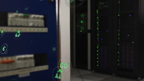 Vertical video: Blue panel emitting green energy icons toward data center racks, Stock Footage 332772250