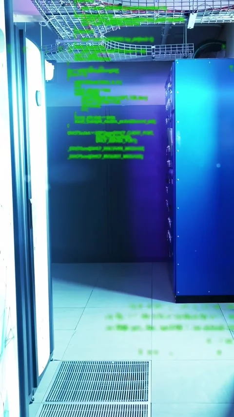 Vertical video: Blue rack sitting in IT room as green code overlay shifting, Stock Footage 332317462