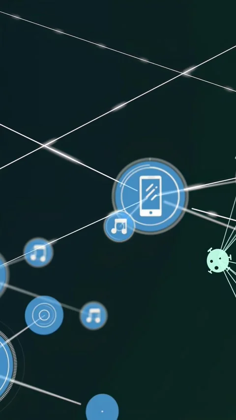 Vertical video: Blue smartphone node pulsing, drawing music nodes via lines, Video stock 331199271