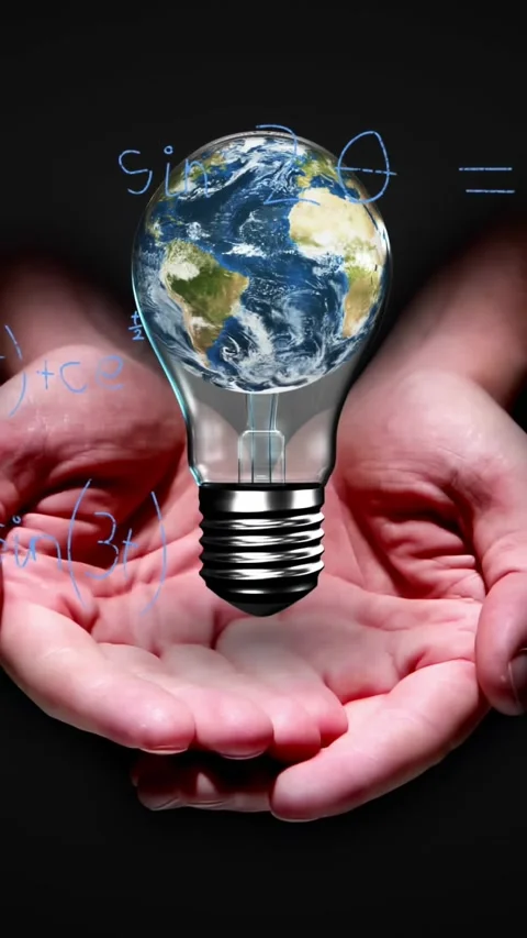 Vertical video: Blue spark starting drop hands holding Earthbulb while math Stock Footage 330359464