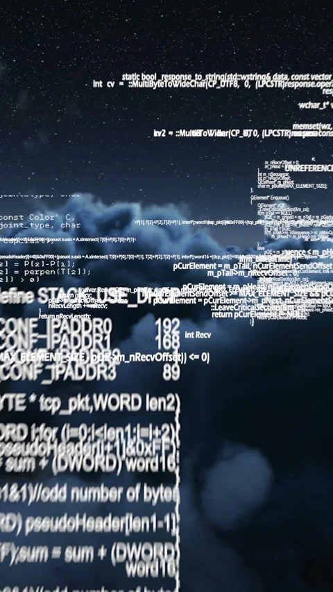 Vertical video: Blurred code appearing, white clusters drifting over clouds, Stock Footage 348383519
