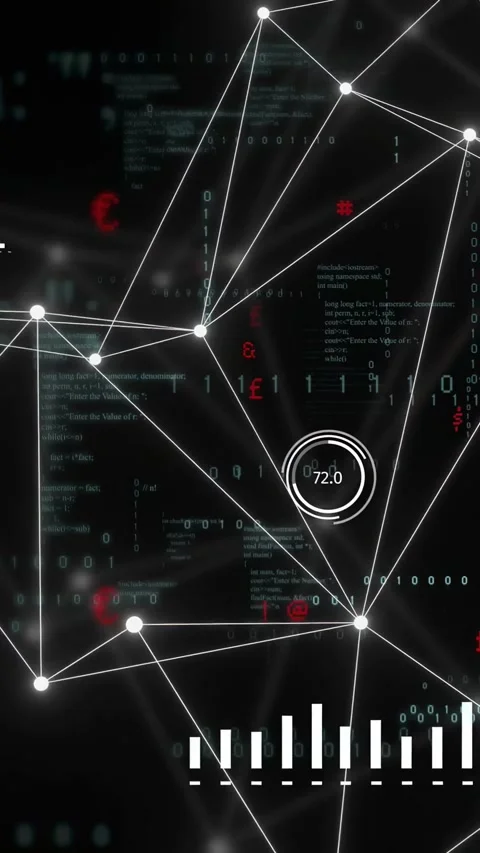 Vertical video: Blurred code sparking white-node web forming pulsing updating Stock Footage 334378446