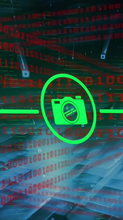 Vertical video: Blurred green symbol entering frame, sharpening into camera icon Stock Footage 329912837