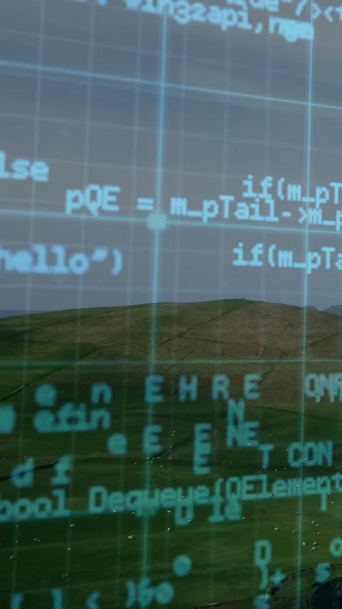 Vertical video: Blurred overlay starting, teal code sliding to grid node, Stock Footage 328398376