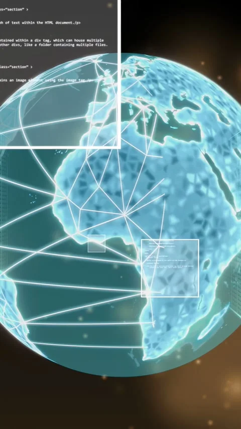 Vertical video: Bokeh dots sparking holo mesh globe fading in rotating linking Stock Footage 333079938