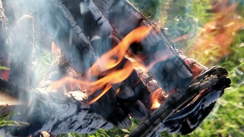 Vertical video. Bonfire close-up. Evening Stock Footage 103255055