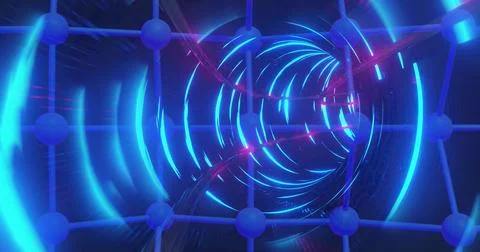 Vertical video: Boosting camera entering neon tunnel, rushing inward, showing Stock Illustration