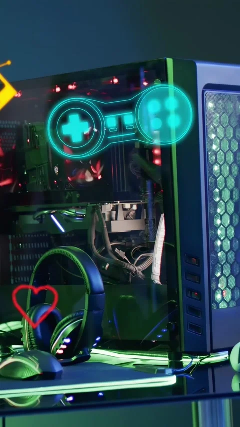 Vertical video: At boot neon icons sliding, rotating, and fading over gaming PC, 库存影片 335507506