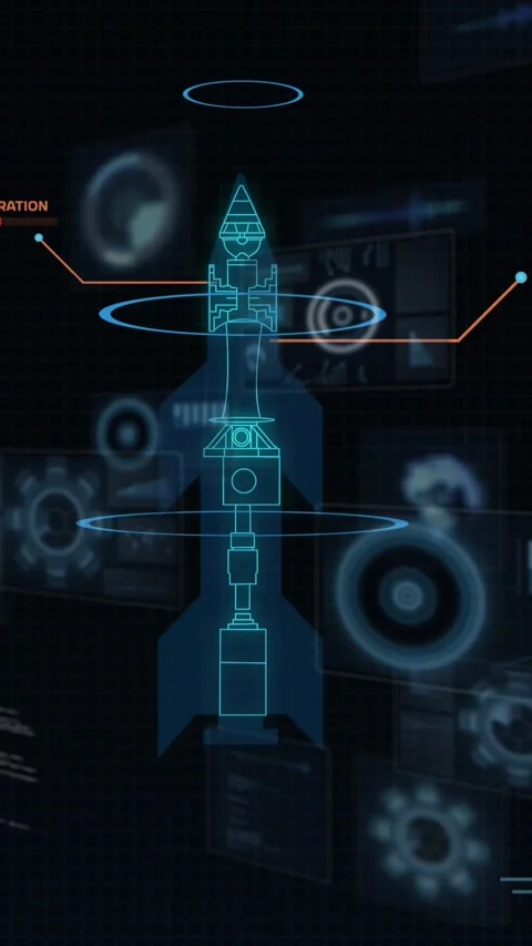 Vertical video: Boot pulse driving cyan holo rocket forming, rotating rings, Stock Footage 329552700