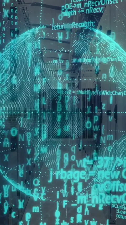 Vertical video: On boot teal globe floating in rack aisle, rotating as code Stock Footage 332594849