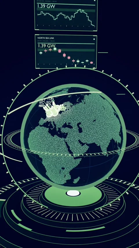 Vertical video: Booting 3D globe showing Europe in studio void, with two chart Stock Footage 348563965