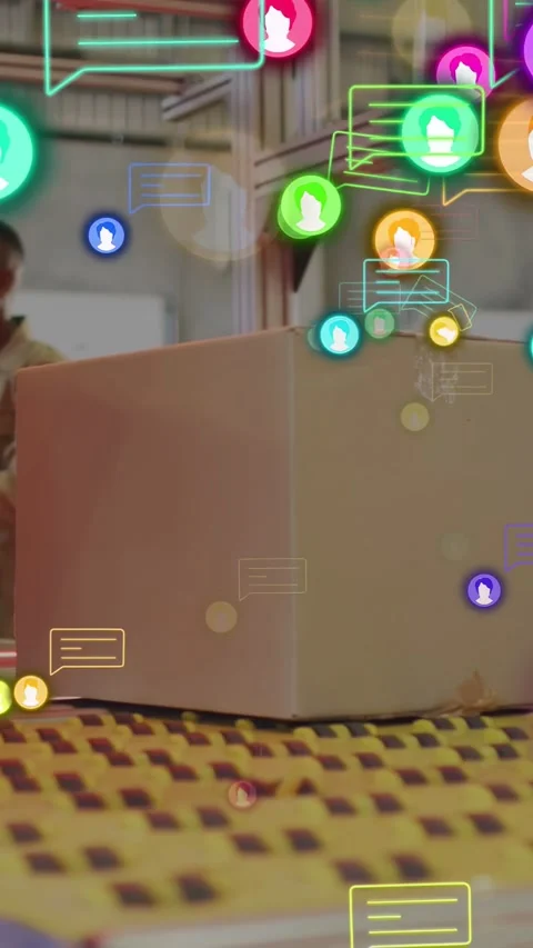 Vertical video: Box rolling conveyor, packer watching, icons floating around box Stock Footage 333006370