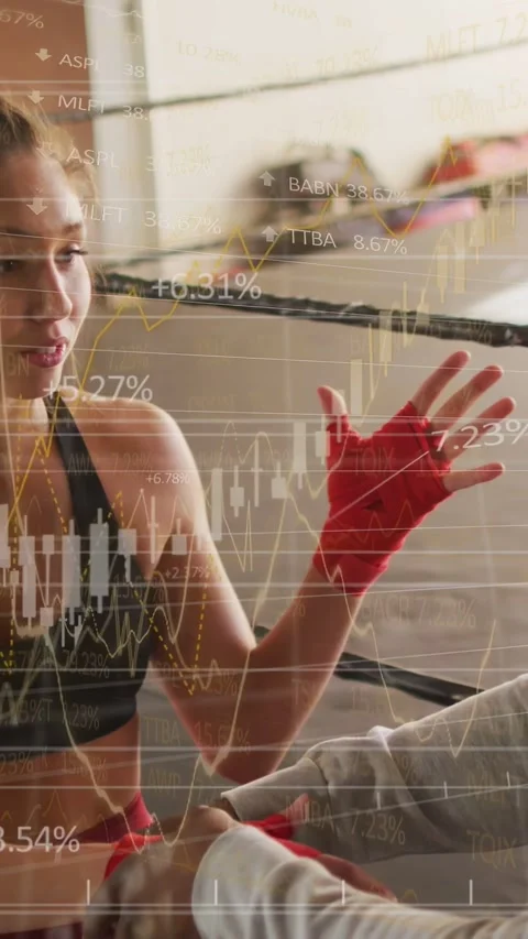 Vertical video: Boxer corner, coach reaching securing red wraps, finance Stock Footage 340133588