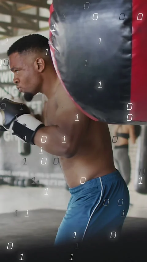 Vertical video: Boxer shifting, punching bag for fitness, binary overlay Stock Footage 333259500