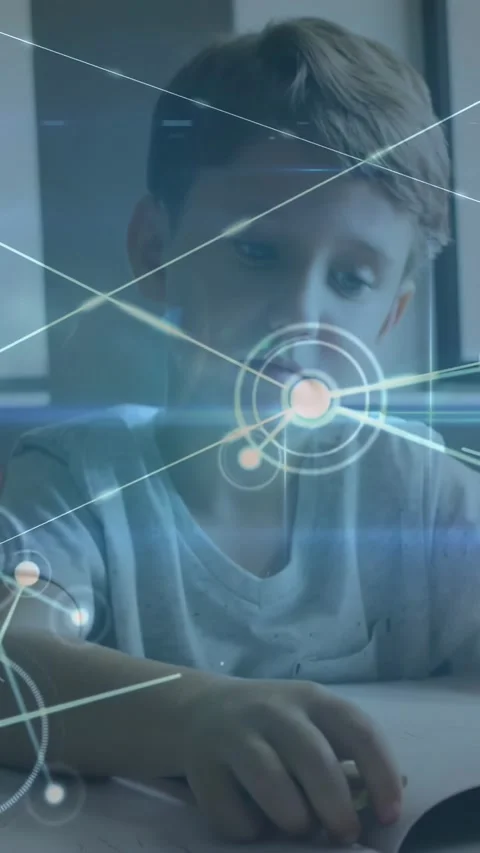 Vertical video: Boy doing homework, placing hand down, HUD expanding into node Stock Footage 331333904