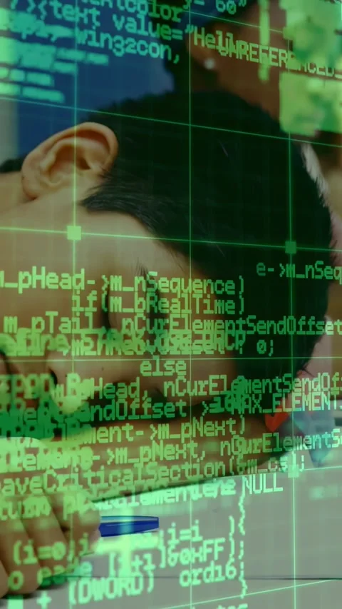 Vertical video: boy dozing at desk as camera panning showing blue pen, code Stock Footage 331270985