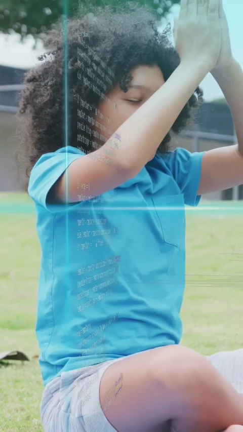 Vertical video: Boy entering, raising arms, starting code overlays and Stock Footage 333487124