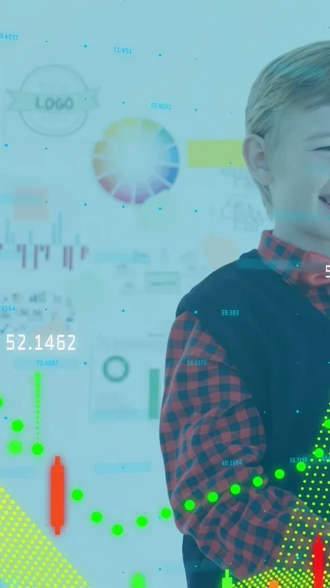 Vertical video: Boy entering right turning clasping while finance data moving Stock Footage 333633073