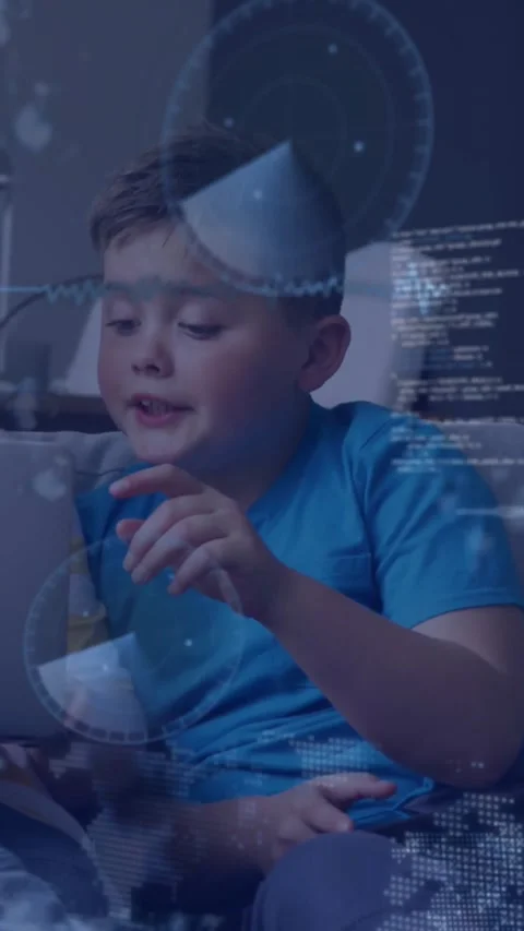 Vertical video: Boy holding tablet on couch watching overlay fading and swiping, Stock Footage 331738799
