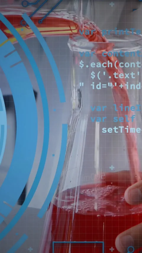 Vertical video: Boy in lab coat grabbing beaker pouring red liquid into carafe Stock Footage 331215575