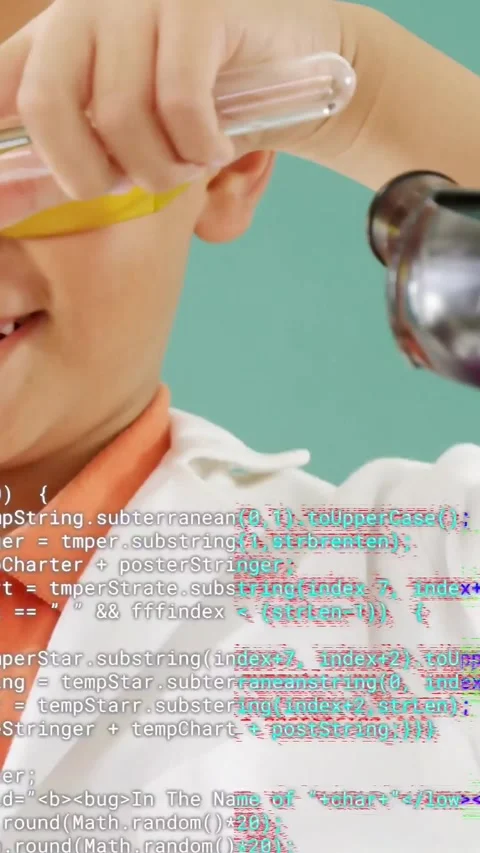 Vertical video: Boy in lab coat examining test tube and lifting goggles as code Stock Footage 331238525