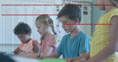 Vertical video: Boy looking up smiling at code overlay with red lines in school Stock Footage 330258889