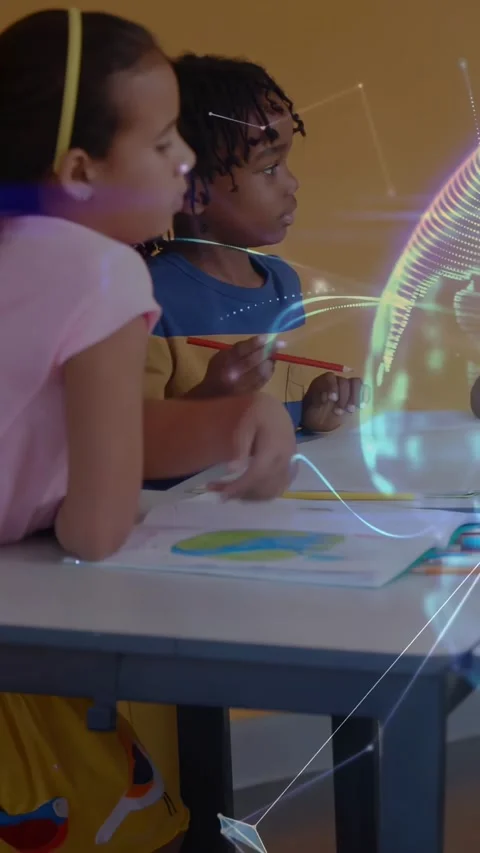 Vertical video: Boy marking sheet with blue pencil sparking holo in class, girl Video stock 331030522