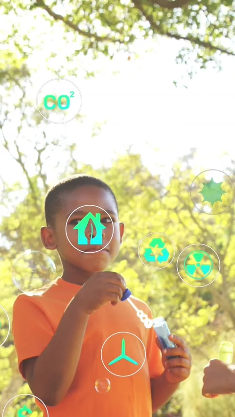 Vertical video: Boy playing in park blowing wand, peer handing bottle, bubbles Stock Footage 341894211