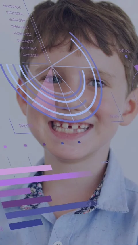 Vertical video: Boy pointing to cam and making pie chart while HUD arcs sweeping Stock Footage 334694781